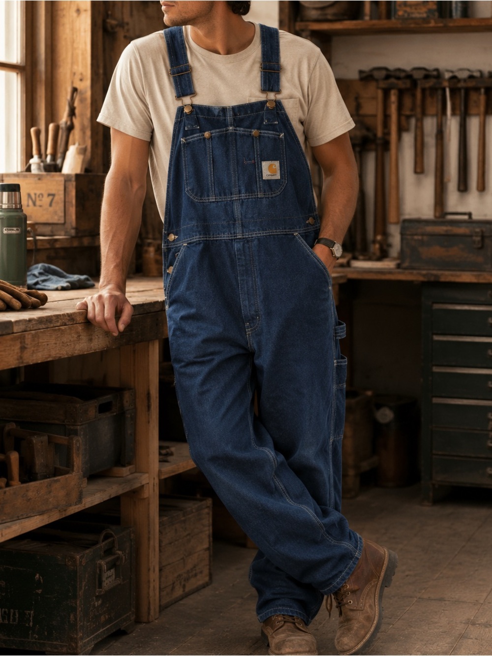 Carhartt Men’s Blue Relaxed R07 DST Denim Bib Overalls Classic Workwear 42x30